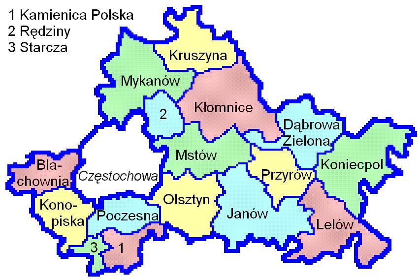 Rysunek 2. Gmina Poczesna na tle sąsiadujących gmin powiatu częstochowskiego (Źródło: https://pl.wikipedia.