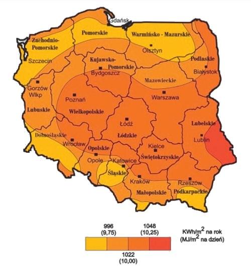 Rysunek 7. Potencjał wykorzystania energii słonecznej na terenie Polski.