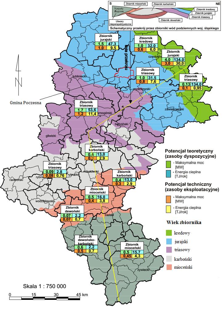 Rysunek 11. Potencjał teoretyczny i techniczny wód geotermalnych w województwie śląskim.