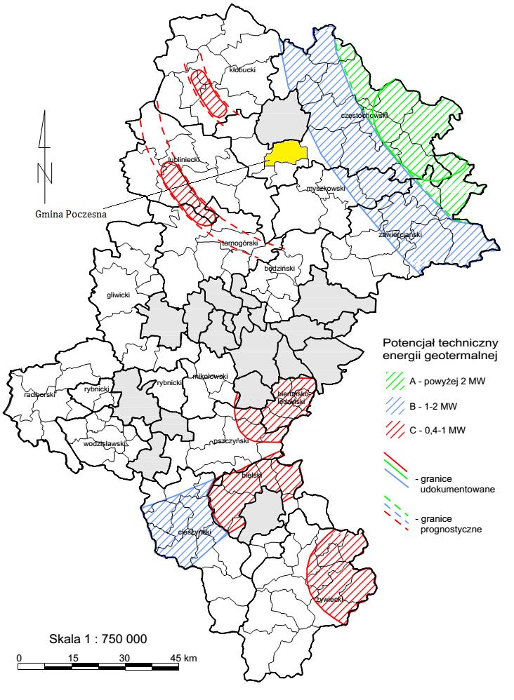 Rysunek 12. Klasyfikacja obszarów, ze względu na potencjał techniczny energii geotermalnej w województwie śląskim.