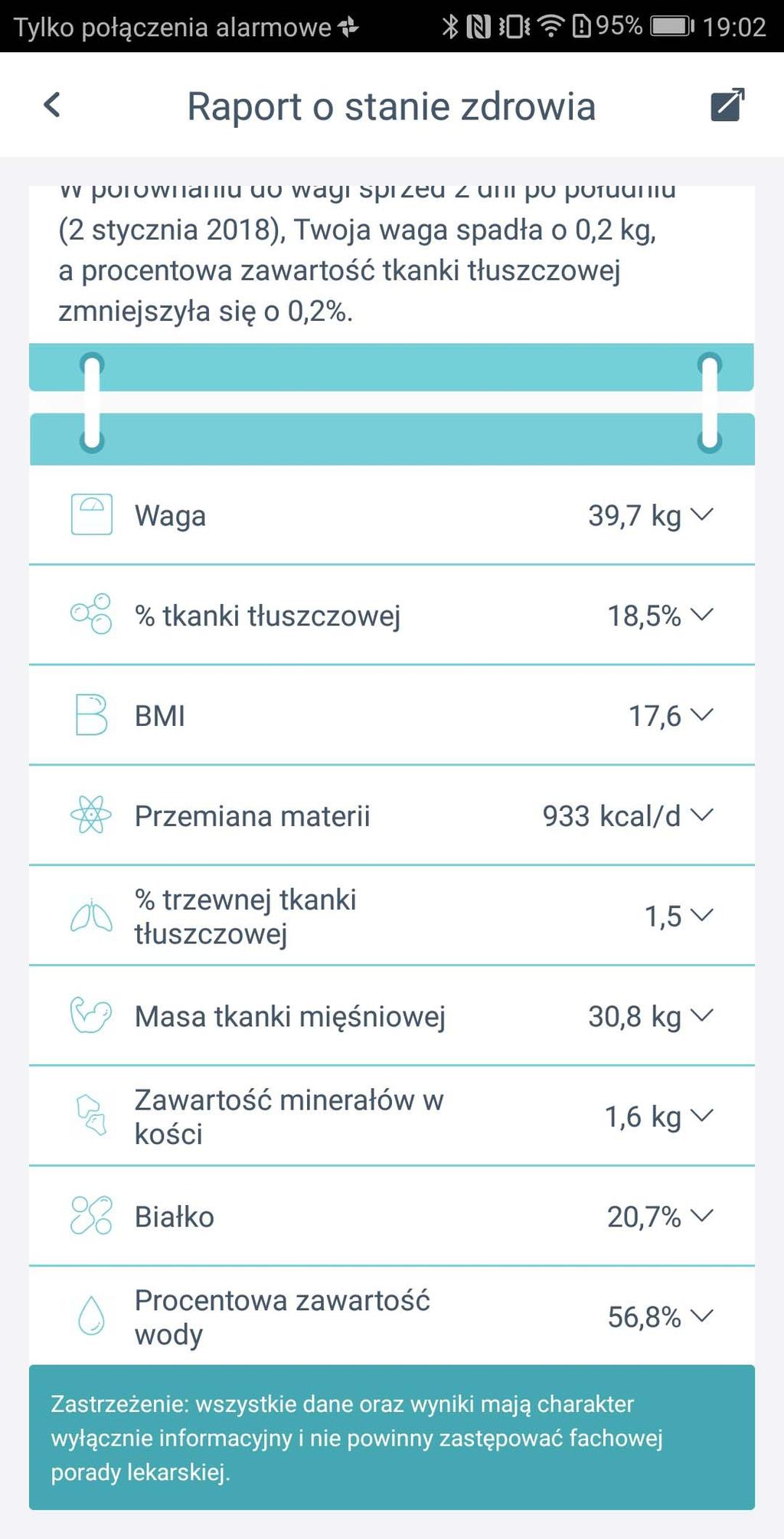 W zakładce Stań na wadze można obserwować dokonywanie pomiarów na bieżąco. Ostatnia zakładka to trendy.