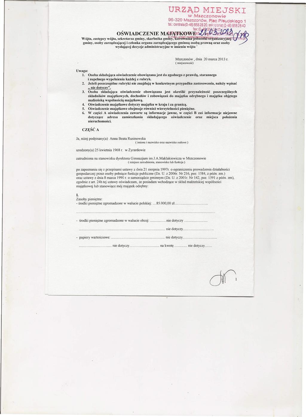 URZĄD MIEJSKI w Mlizczonowie 96-32<J Mszezonów, Plac Piłsudskiego 1 tel.: centrala (0-46) 858 28 20, sek'e!ariat (046) 558 28 40 lax:~~~a Wójta, zastępcy WÓjta,?e~~~~~~~!