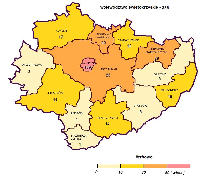 LICZBA INSTYTUCJI SZKOLENIOWYCH W WOJEWÓDZTWIE ŚWIĘTOKRZYSKIM WEDŁUG POWIATÓW stan na dzień 31-12-2017 Połowa wszystkich instytucji zarejestrowanych w województwie świętokrzyskim ma swoją siedzibę w