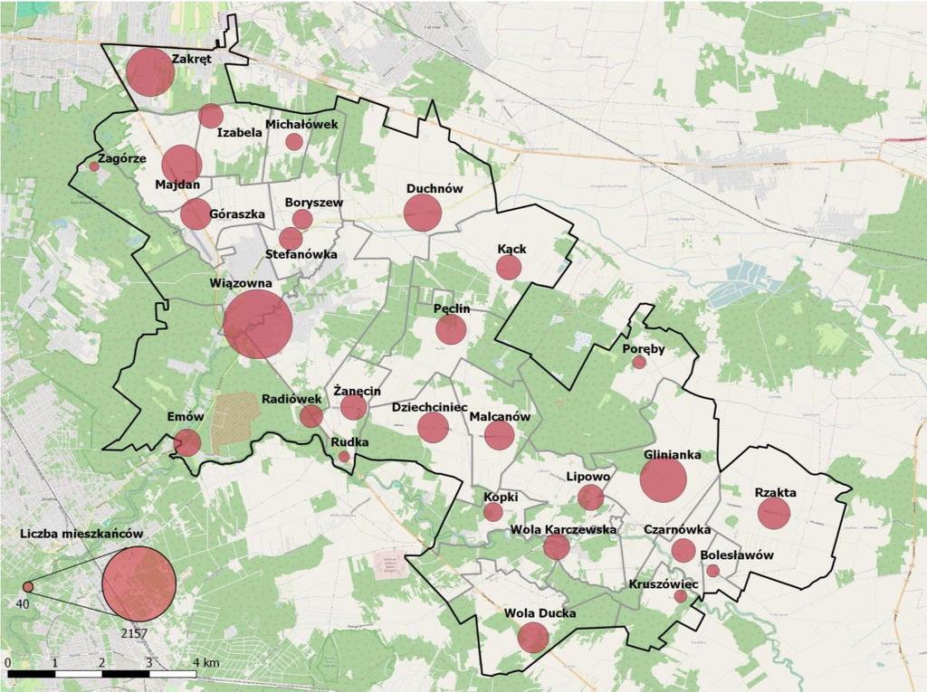 Ryc. 5.2. Przestrzenne rozmieszczenie mieszkańców gminy wg miejscowości w 2015 r.
