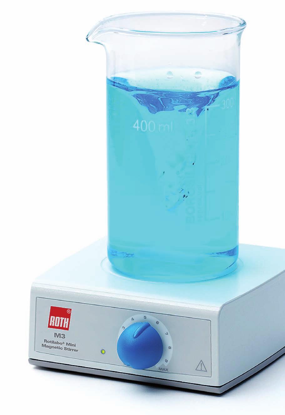 Sprzęt laboratoryjny A Minimieszadło magnetyczne M 3 - Rotilabo Płynna regulacja prędkości obrotowej Obudowa z ABS Dane techniczne: Objętość mieszanej cieczy (H2O) 3 l Max.