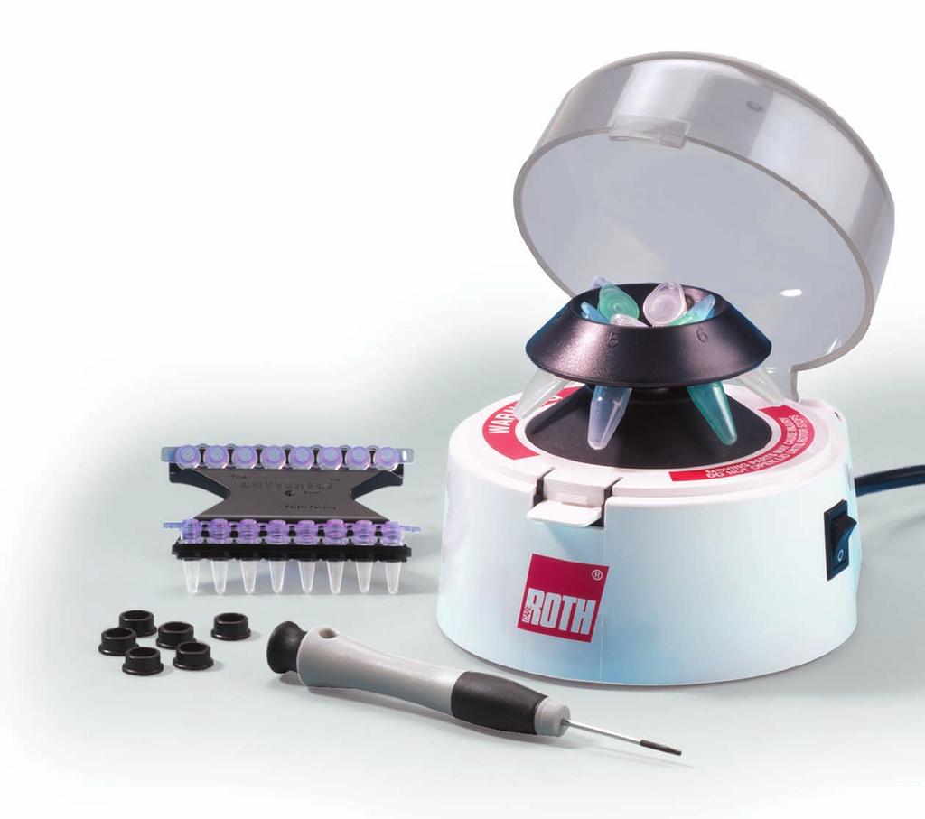 Sprzęt laboratoryjny Miniwirówka "Uni-fuge" - Rotilabo Wymienny system rotorów Start i stop regulowane dodatkowym przełącznikiem Dane techniczne: Max. prędkość obrotowa 6000 min -1 Max.