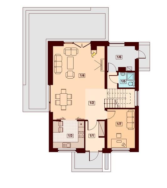 W projekcie DOM PC1-42 warto również zwrócić uwagę na dodatkowe pomieszczenia gospodarcze, które poprawiają komfort życia i użytkowania budynku.