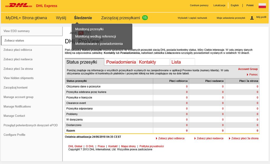 6.7.3. Monitorowanie i powiadomienia Część ProView w aplikacji MyDhl+ czyli możliwość śledzenia przesyłek na bieżąco.