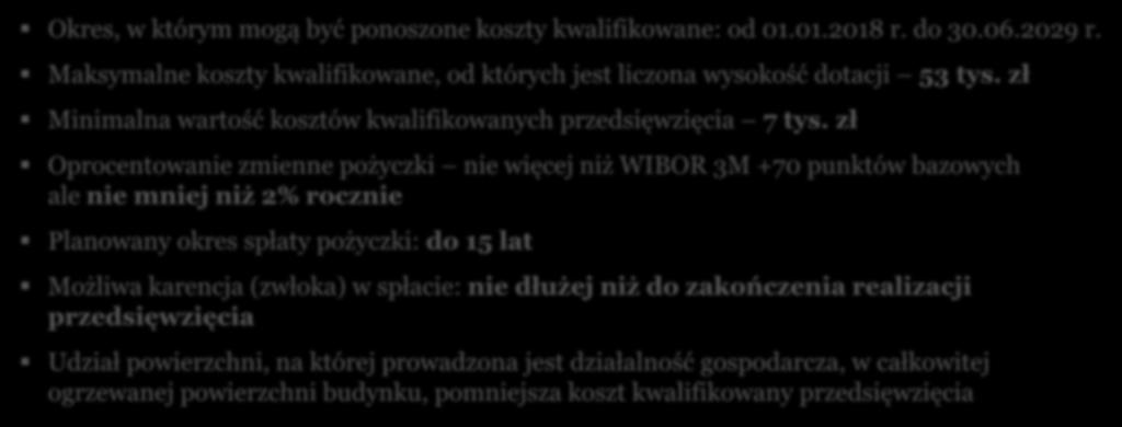 Warunki dofinansowania Okres, w którym mogą być ponoszone koszty kwalifikowane: od 01.01.2018 r. do 30.06.2029 r. Maksymalne koszty kwalifikowane, od których jest liczona wysokość dotacji 53 tys.