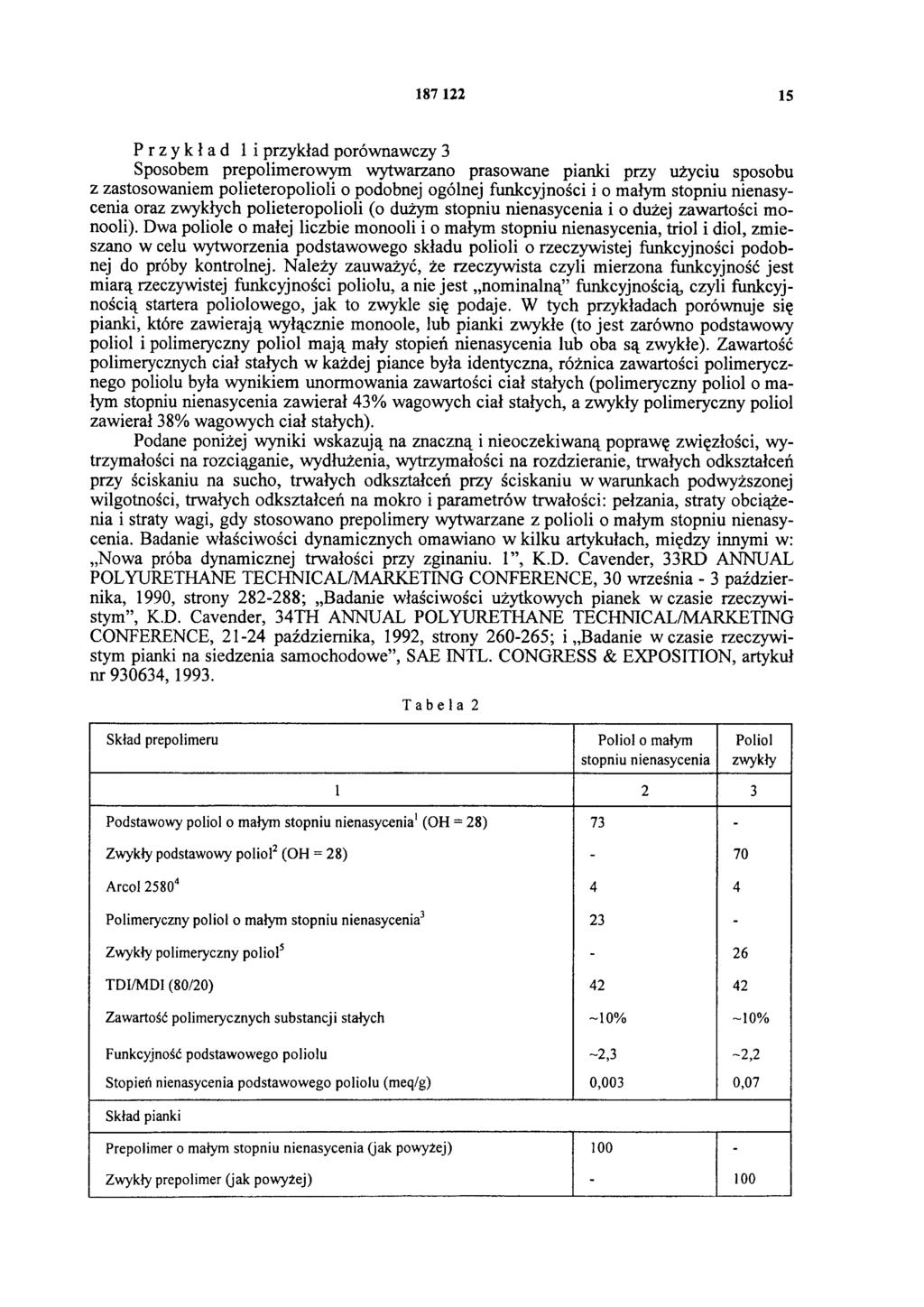 187 122 15 Przykład li przykład porównawczy 3 Sposobem prepolimerowym wytwarzano prasowane pianki przy użyciu sposobu z zastosowaniem polieteropolioli o podobnej ogólnej funkcyjności i o małym