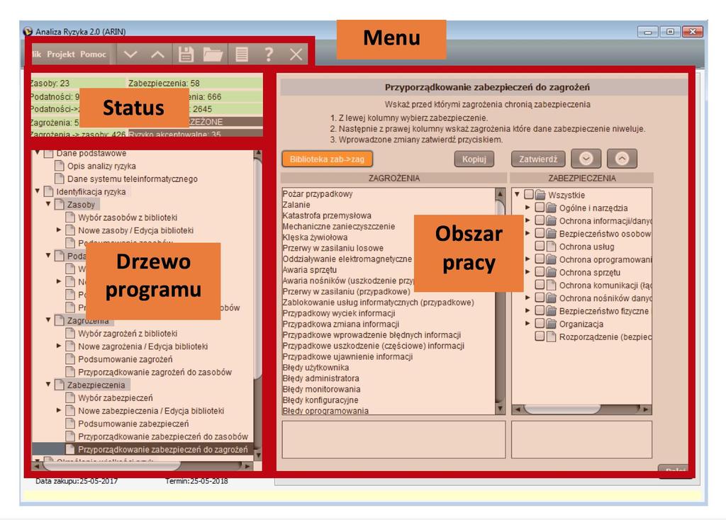 5. Opis programu Program Analiza Ryzyka zbudowany jest z 4 głównych okien działania: menu górne zawiera opcje programu oraz ikony z szybkim dostępem do najczęściej używanych funkcji
