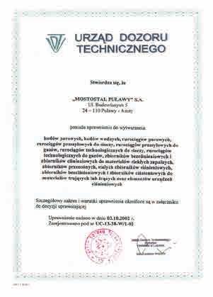 Dozoru Technicznego (UDT), Niemieckiego Technischer Überwachungs-Verein (TÜV), Europejskich norm EN-