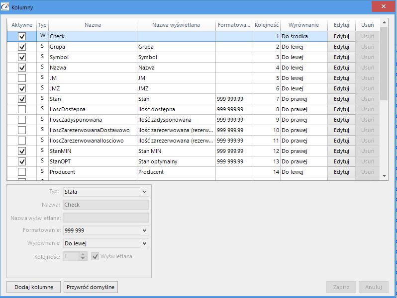 (rys. 22) Kolumny W górnej części okna znajdziemy domyślną listę kolumn, którą