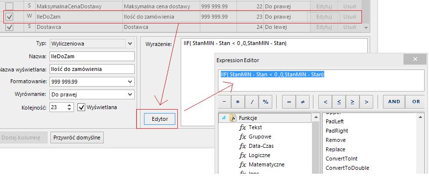 daje możliwość napisania własnoręcznie formuły wyliczającej zamówienie lub możemy skorzystać z edytora formuł wybierając Edytor.