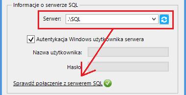 W zależności od konfiguracji serwera SQL możemy do zrealizowania połączenia zaznaczyć opcję Autentykacja Windows użytkownika serwera (Rys. 8) lub podać nazwę użytkownika SQL oraz hasło.