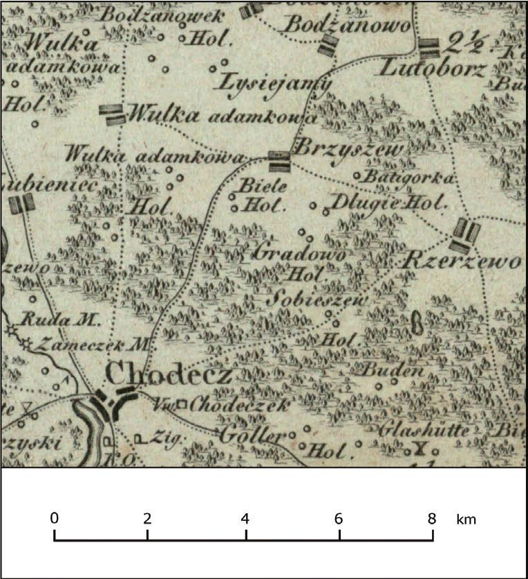 Zmiany krajobrazu... 69 Rycina 7.3. Rejon koncentracji osiedli opisanych na mapie Gilly ego jako holendry (tereny na północ od Chodcza) Źródło: Special Karte von Südpreussen, D. Gilly, 1802 1803.