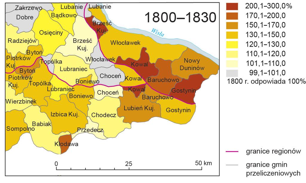 Zmiany krajobrazu... 81 Rycina 7.9. Zmiany gęstości osiedli wiejskich w latach 1800 1830 Rycina 7.10.