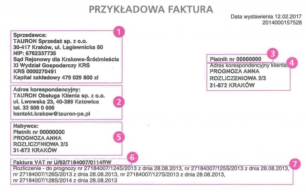 Faktura za energię elektryczną - TAURON 1 Dane teleadresowe sprzedawcy energii elektrycznej. 2 Adres korespondencyjny. 3 Indywidualny numer Klienta.