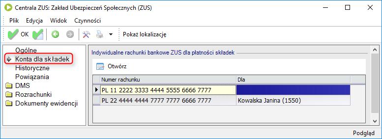 Indywidualny numer rachunku ZUS - właściciel Konfiguracja oddziałowa W programie istnieje również możliwość wprowadzenia numeru rachunku składkowego dla jednostek działających w oparciu o