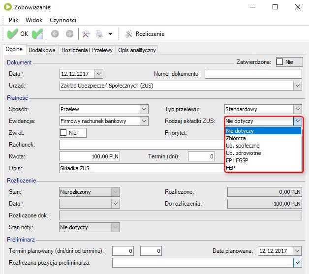 Osobne płatności dla każdego rodzaju ubezpieczeń Oznaczenia na płatnościach Na zobowiązaniach i należnościach dostępne jest pole Rodzaj składki ZUS.