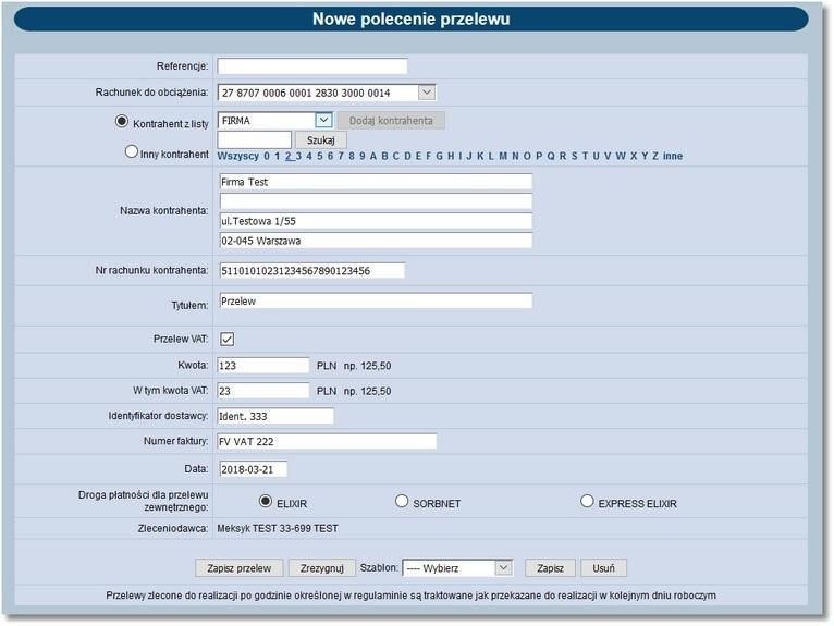 Przelewy Nowy przelew VAT W sytuacji, gdy użytkownik posiada przynajmniej jeden rachunek bieżący powiązany z rachunkiem VAT system umożliwia złożenie przelewów zwykłych VAT - przelewów dzielonych