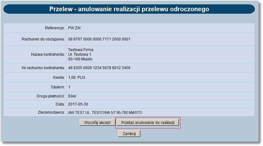 [Dalej] - przejście do kolejnego etapu realizacji przelewów z danej paczki do akceptowania (podpisania) zleceń.
