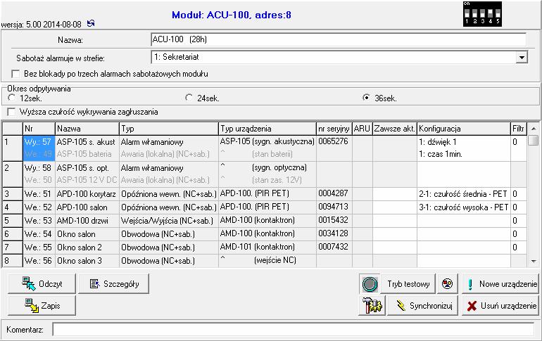 SATEL ACU-120 11 Rys. 3. Program DLOADX: lista urządzeń bezprzewodowych zarejestrowanych w kontrolerze podłączonym do centrali INTEGRA / INTEGRA Plus.
