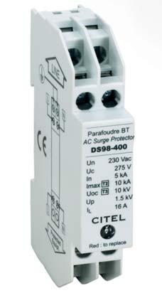 Ograniczniki przepięć typu 2+3 Seria DS98-xxx Ogranicznik przepięć SPD typu 2+3 Częstotliwość znamionowa f n = 50-60Hz Napięcie znamionowe U n = 2/400 AC Największy prąd wyładowczy na biegun: = (8/20
