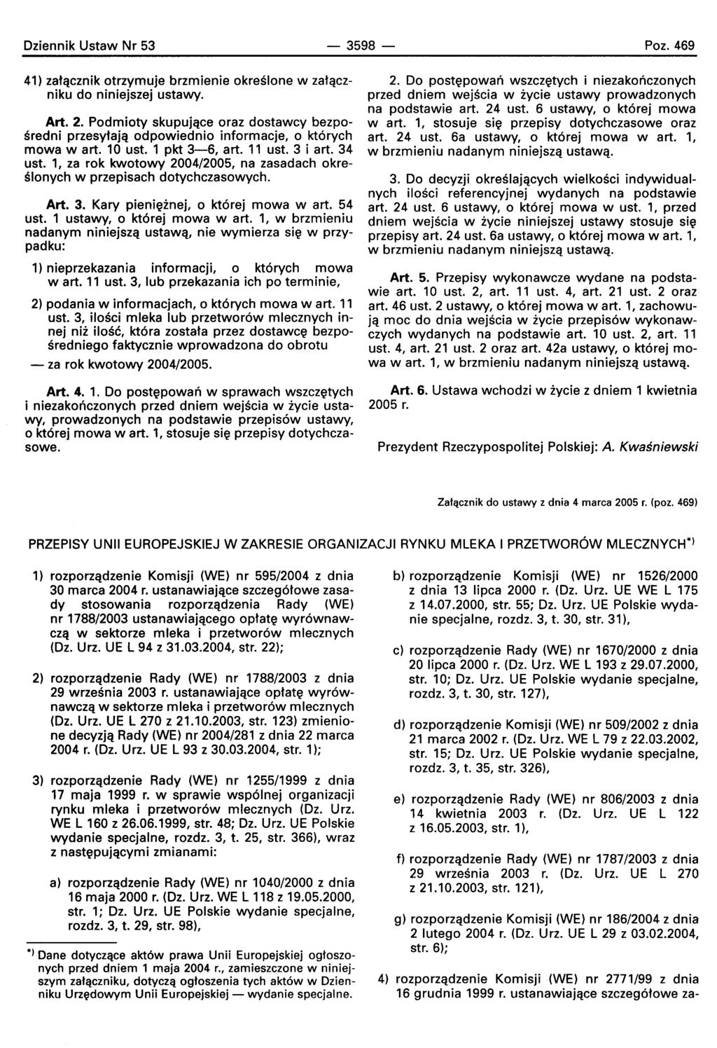 Oziennik Ustaw Nr 53-3598- Poz. 469 41) zalacznlk otrzymuje brzmienie okrsslone w zataczniku do niniejszej ustawy. Art. 2.