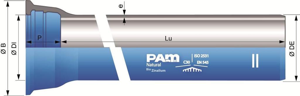 Rury NATURAL BioZinalium ze złączami nieblokowanymi STANDARD i blokowanymi STANDARD Vi DN Lu Ciśnienie Klasa niszczące e Ø DE Ø DI P Ø B mm m bar mm mm mm mm mm 60 6,000 C40 120 4,4 76,9 80,3 89,5