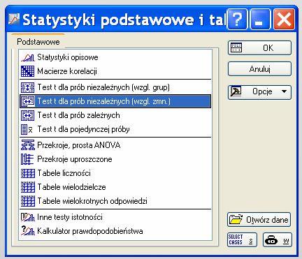 Obliczenia w pakiecie STATISTICA Wybieramy z menu Statystyka/Statystyki