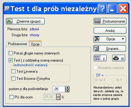 Obliczenia w pakiecie STATISTICA Na karcie Opcje