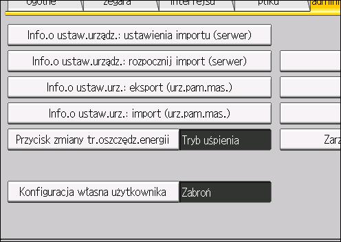 Zarządzanie informacjami urządzenia 6. Naciśnij [Info.o ustaw.urz.: eksport (urz.pam.mas.)]. 7. Ustaw warunki eksportu. Wybierz [Dołącz] lub [Nie dołączaj] dla opcji "Unik.info.o urządz.