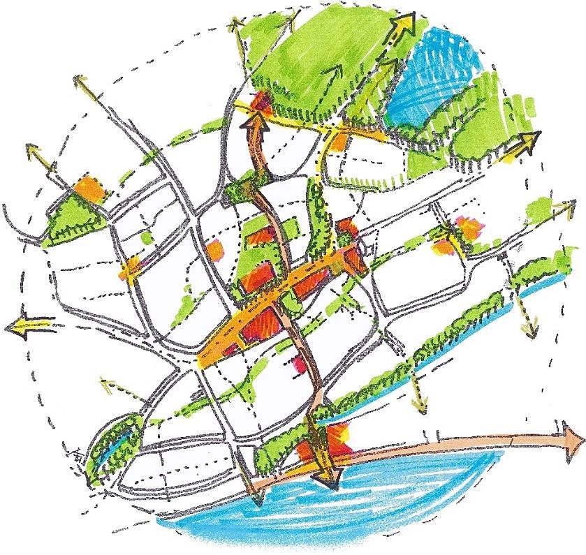 Il. 22. Szkic koncepcyjny (ideowy) układu lokalnych przestrzeni publicznych na Stogach Mieszkaniowych (autor: Anna Fikus-Wójcik).