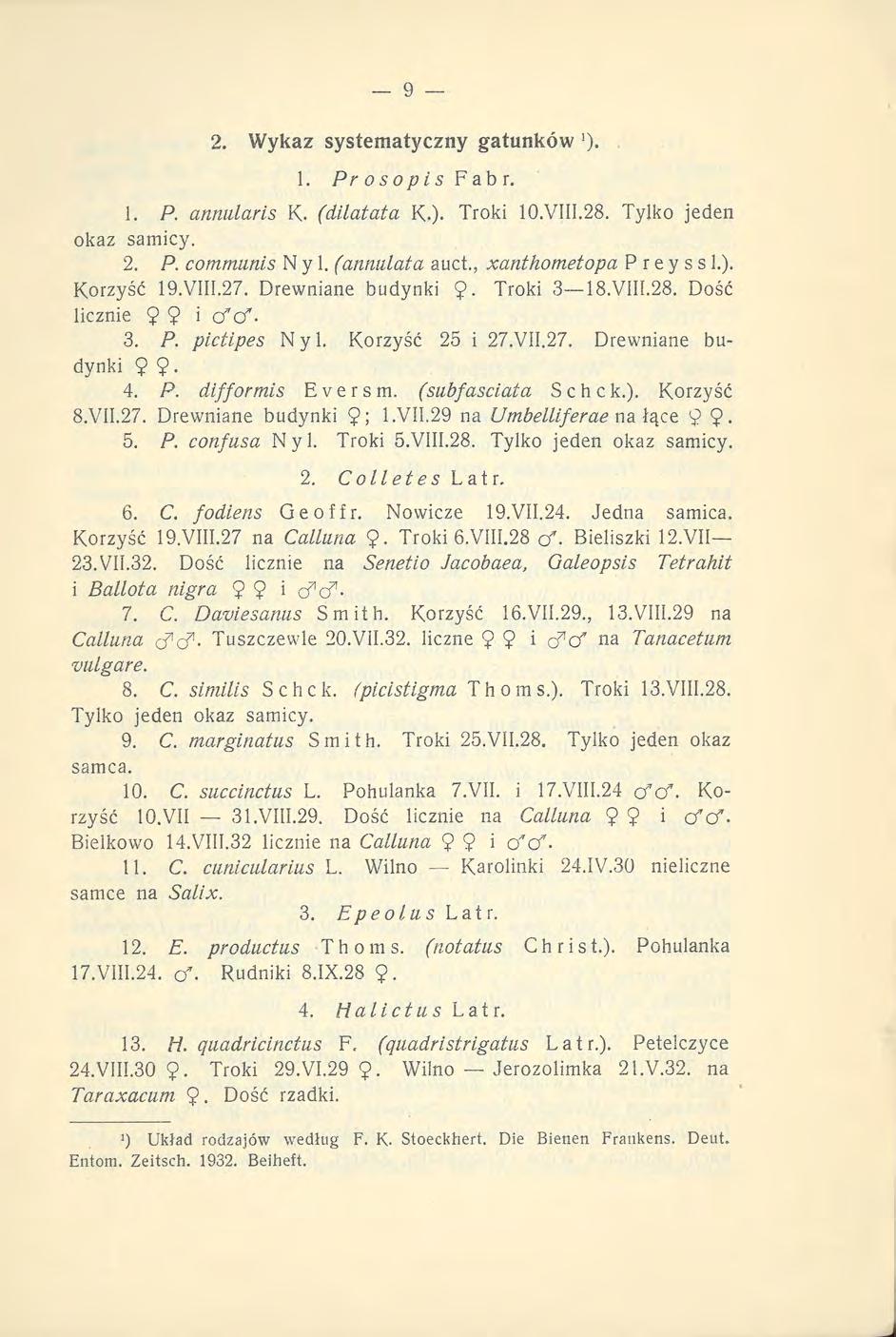 2. Wykaz systematyczny gatunków '). 1. Pr o s o p i s F ab r. ł. P. annularis K. (dilatata K.). Troki 10.VIII.28. Tylko jeden okaz samicy. 2. P. communis N y 1. (anrwlata auct.