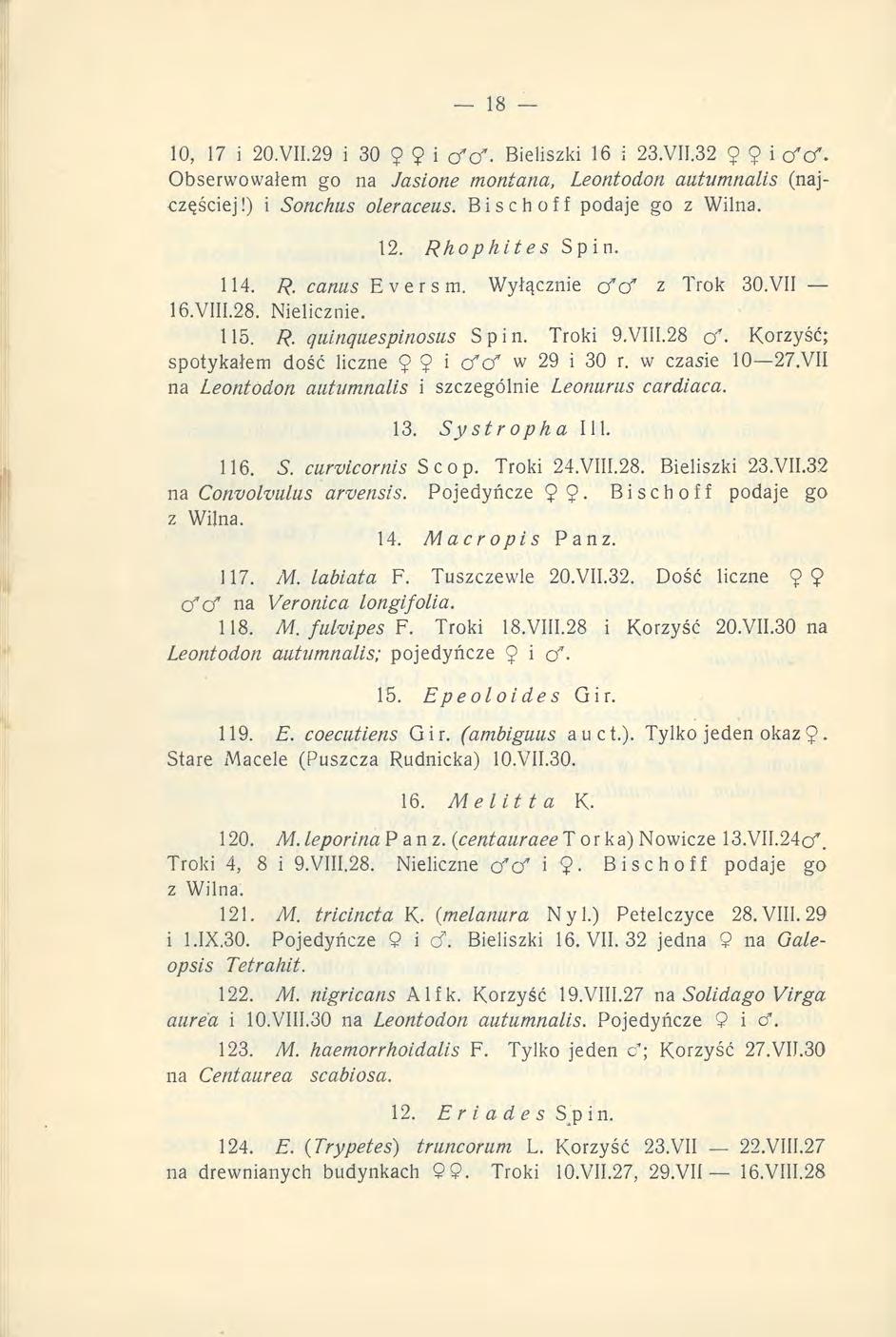 10, 17 i 20.VII.29 i 30 9 9 i o 7 o". Bieliszki 16 i 23.VII.32 9 9 i ęfęf. Obserwowałem go na Jasione montana, Leontodon autumnalis (najczęściej!) i Sonchus oleraceus. Bischoff podaje go z Wilna. 12.