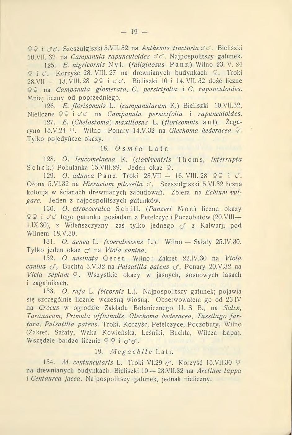9 9 i cfcf. Szeszulgiszki 5.VII. 32 na Anthemis tinctoria cf cf. Bieliszki 10.VII. 32 na Campanula rapunculoides cfcf. Najpospolitszy gatunek. 125. E. nigricornis Nyl. (fuliginosus Panz.) Wilno 23. V.