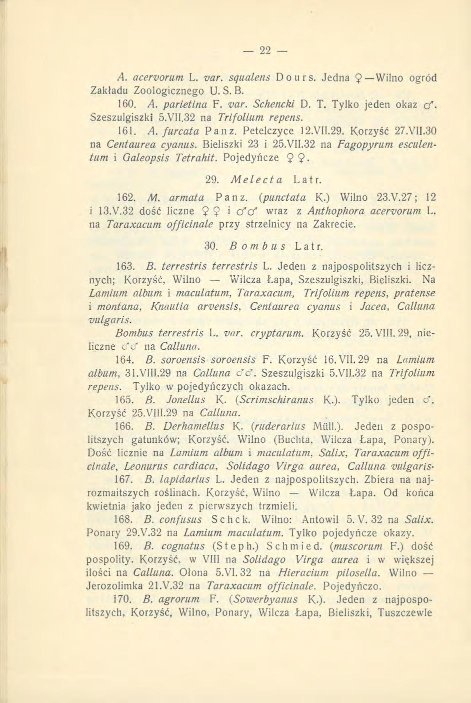 A. aceworum L. var. sąualens Dours. Jedna 9 Wilno ogród Zakładu Zoologicznego U. S. B. 160. A. parietina F. var. Schencki D. T. Tylko jeden okaz ęf. Szeszulgiszki 5.VII.32 na Trifolium repens. 161. A. furcata Panz.
