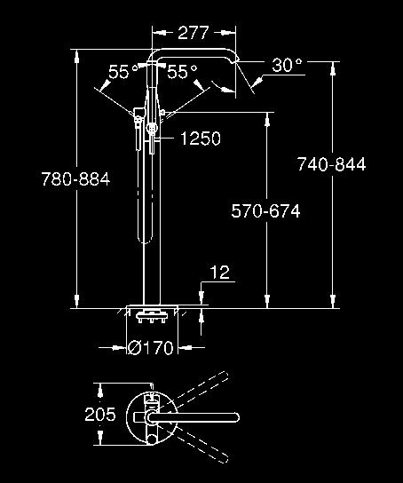 do montażu podłogowego 45 984 001 ( zamawiany osobno) bez podłogowego elementu montażowego głowica ceramiczna 35 mm z ogranicznikiem temperatury automatyczny przełącznik: wanna/prysznic obrotowa