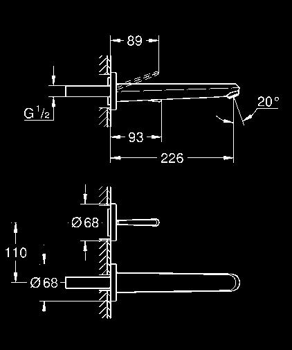 7 l/min rozstaw między wylewką a dźwignią 110 mm wysięg 226 mm min.
