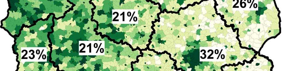 Przechodząc na poziom mezoekonomiczny analizy widać, iż najwyższe wartości wskaźników występują w dużych aglomeracjach miejskich oraz