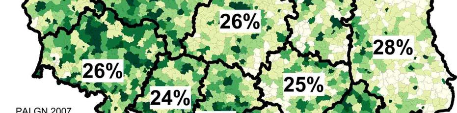 Wokół nich tworzą się pierścienie gmin o nieco niższych wartościach, co w efekcie powoduje koncentrowanie się wskaźników o wysokich