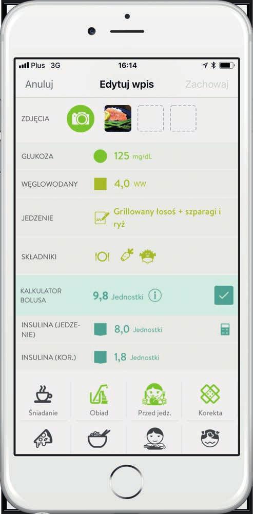W ten sposób otrzymujesz wynik! Możesz dodawać zdjęcia posiłków Szczegóły nt. kalkulacji bolusa omów ze swoim lekarzem. Pełna instrukcja kalkulatora bolusa znajduje się w aplikacji mysugr.