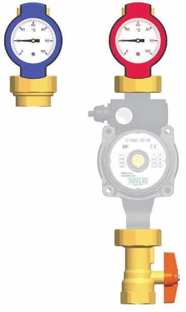 Strona powrotu: zawór kulowy z termometrem (niebieska skala w rączce), rączka z termometrem zdejmowana, przyłącza GW 1" i 1 ¼", z bocznym odejściem GW ½" dla zaworu nadmiarowego lub czujnika temp.
