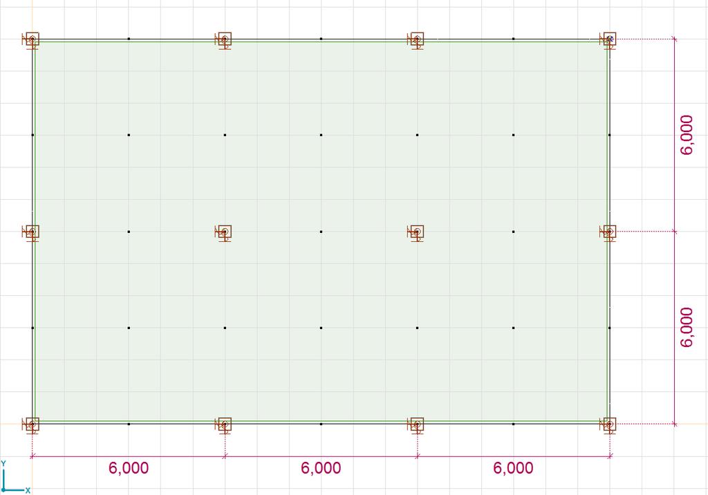 Współczynnik odpowiedzi drgań- Przewodnik- 12 ANALIZA WIELOKONDYGNACYJNEGO BUDYNKU Parametry Geometryczne parametry konstrukcji przedstawiono na Rys. 11 i Rys. 12. Grubość płyty jest stała i wynosi: 20cm.