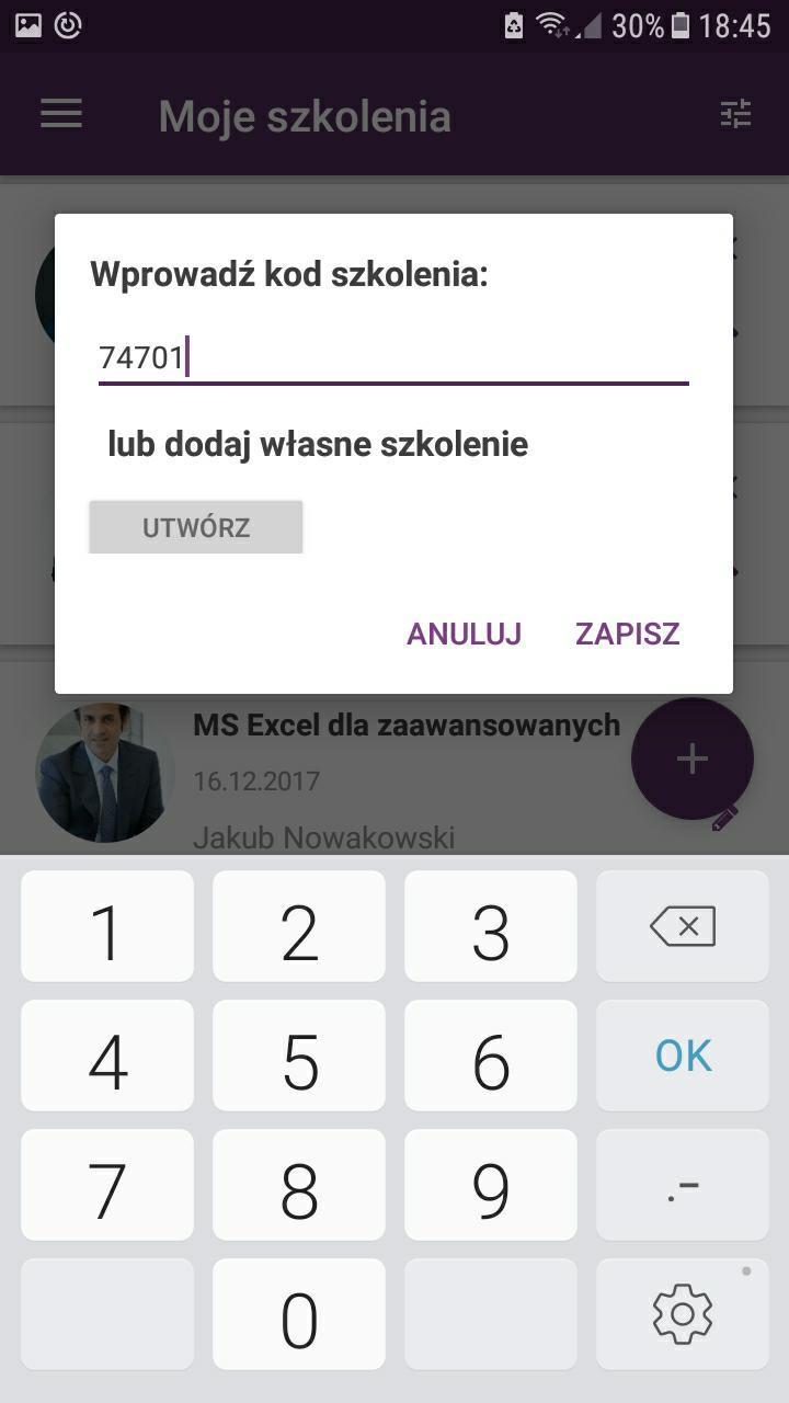 Dodawanie szkolenia od trenera Aby wprowadzić do aplikacji nowe szkolenie: KROK 1 wejdź w zakładkę Moje szkolenia, KROK 2 wybierz ikonę, KROK 3 wprowadź kod szkolenia, KROK 4 zapisz zmiany 2.