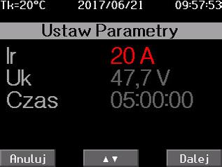 4. Uruchomienie testera w trybie Rozładowanie W oknie WYBIERZ RODZAJ PRACY należy zaznaczyć pierwszy tryb Rozładowanie. (widok 4) widok 4 Ustawienie parametrów rozładowania.