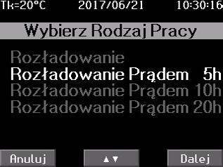 5. Uruchomienie w trybie Rozładowanie 5h, 10h, 20h Dla wykrytej baterii o napięciu znamionowym: dla TBA 60 (48/110/220) - 48V, 110V lub 220V, dla TBA 150 (24/48/80) - 24V, 48V lub 80V, dla TBA 150