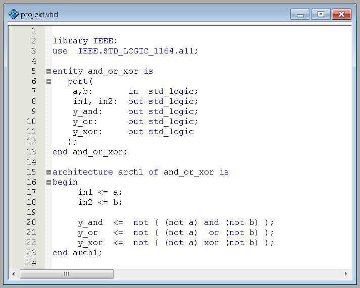 b) Język VHDL Aby zamiast schematu użyć języka opisu sprzętu VHDL, po utworzeniu projektu głównego należy poleceniem "File"-"New" wywołać okno otwierające nowy plik projektowy urządzenia i wybrać typ