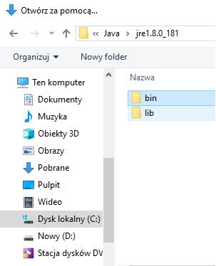 Jesteśmy już we właściwym folderze programu Java: Tutaj wybieramy plik javaws.exe. Można go zaznaczyć i kliknąć Otwórz 9. Tutaj wybieramy folder bin 3.